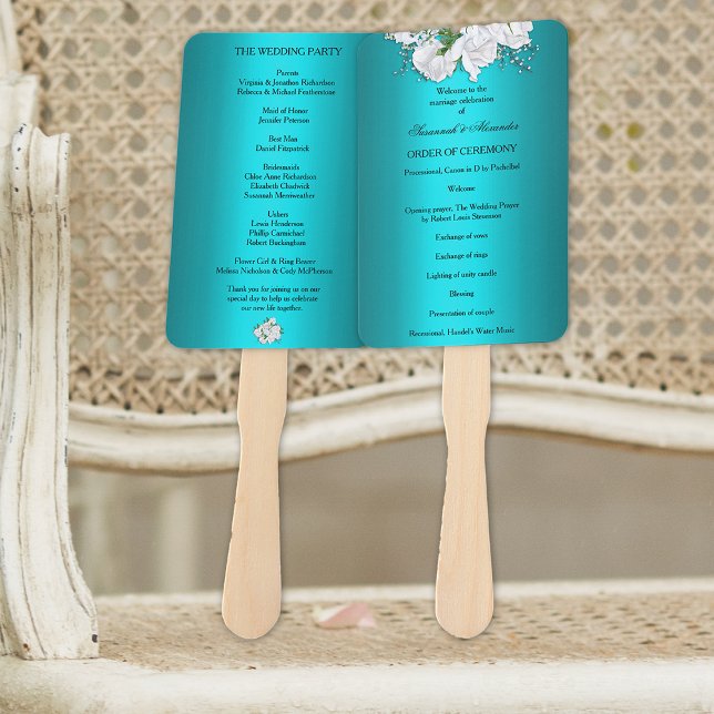Aqua and White Roses Wedding Program Hand Fan (Creator Uploaded)