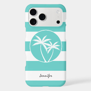 Aqua and White Stripes and Palm Trees with Name