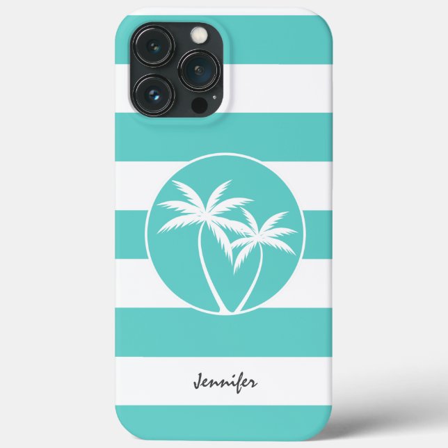 Aqua and White Stripes and Palm Trees with Name Case-Mate iPhone Case (Back)