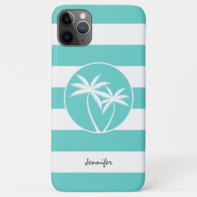 Aqua and White Stripes and Palm Trees with Name Case-Mate iPhone Case (Back)