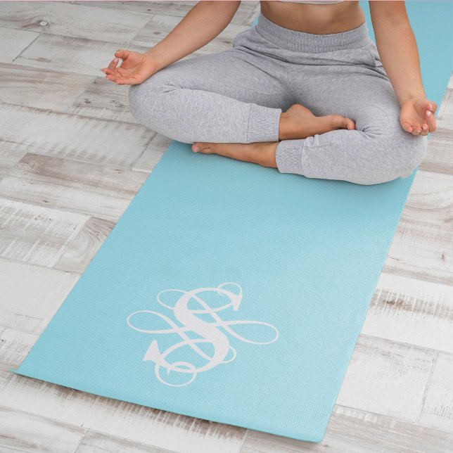 Aqua and White Swirly Initial Monogram Yoga Mat (Creator Uploaded)
