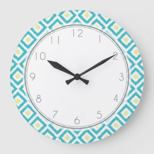 Aqua and Yellow Diamond Ikat Pattern Large Clock