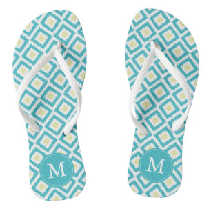 Aqua and Yellow Diamonds Ikat Pattern Personalised Thongs