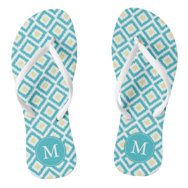 Aqua and Yellow Diamonds Ikat Pattern Personalised Thongs (Footbed)