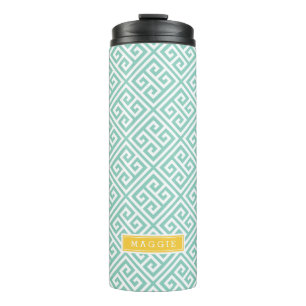 Aqua and Yellow Greek Key Monogram Thermal Tumbler