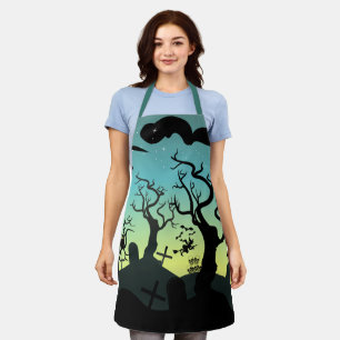 Aqua and yellow haunted graveyard Halloween Apron
