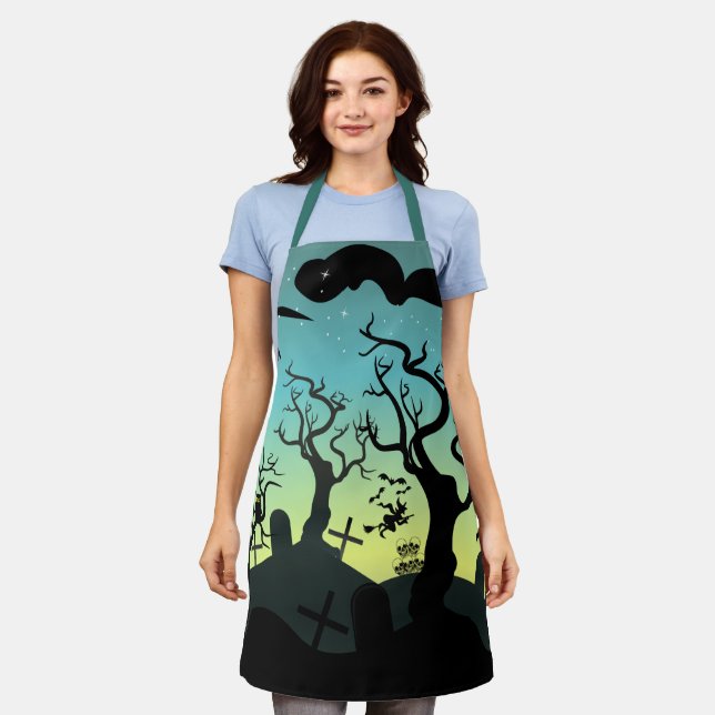 Aqua and yellow haunted graveyard Halloween Apron (Worn)