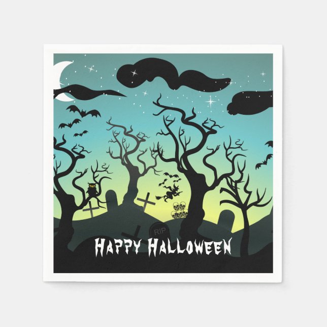 Aqua and yellow haunted graveyard Halloween Napkin (Front)