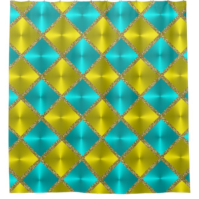 Aqua and Yellow Metallic Looking Squares with Gold Shower Curtain (Front)