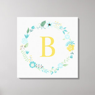 Aqua and Yellow Monogrammed Floral Wreath Canvas Print