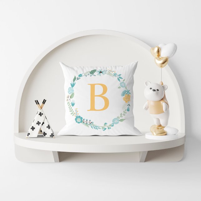 Aqua and Yellow Monogrammed Floral Wreath Cushion (Creator Uploaded)