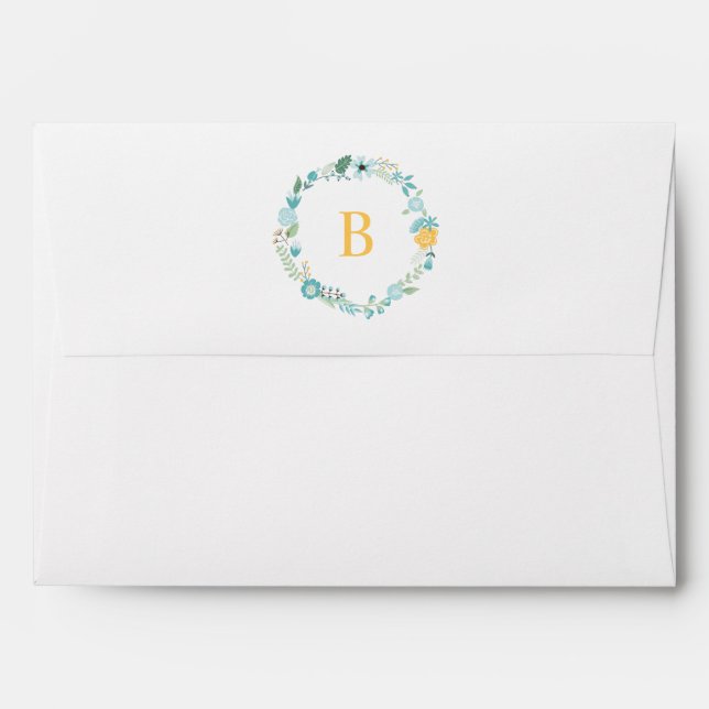 Aqua and Yellow Monogrammed Floral Wreath Envelopes (Back (Top Flap))