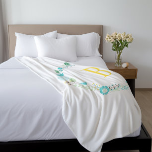 Aqua and Yellow Monogrammed Floral Wreath Fleece Blanket