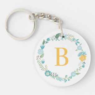 Aqua and Yellow Monogrammed Floral Wreath Key Ring