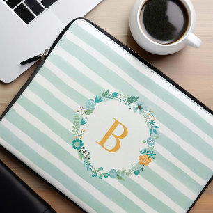 Aqua and Yellow Monogrammed Floral Wreath Laptop Sleeve
