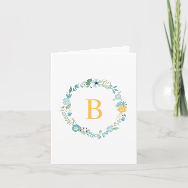 Aqua and Yellow Monogrammed Floral Wreath Note Card (Front)
