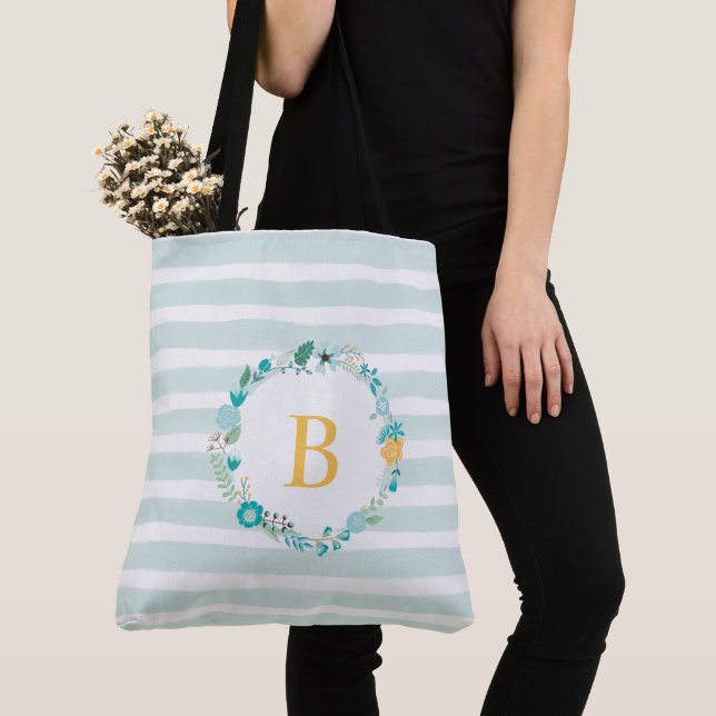 Aqua and Yellow Monogrammed Floral Wreath Tote Bag (Close Up)