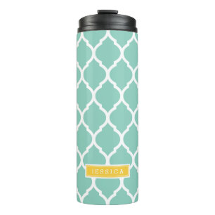 Aqua and Yellow Moroccan Quatrefoil Monogram Thermal Tumbler