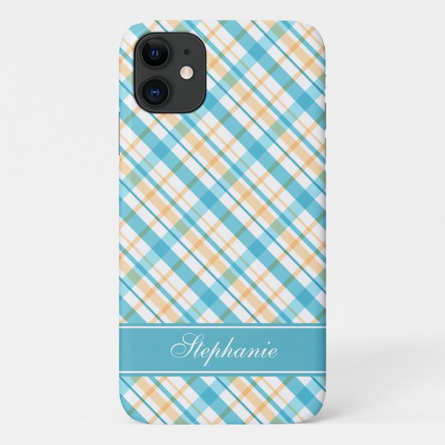 Aqua and Yellow Plaid Pattern Case-Mate iPhone Case (Back)