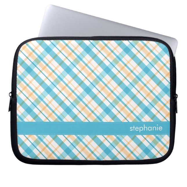Aqua and Yellow Plaid Pattern Laptop Sleeve (Front)