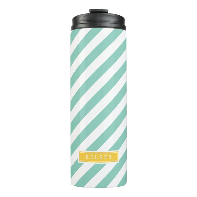 Aqua and Yellow Preppy Stripes Monogram Thermal Tumbler (Front)