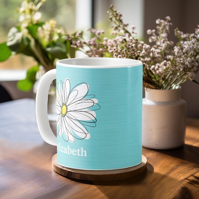 Aqua and Yellow Whimsical Daisy Custom Text Coffee Mug (Mug template with a place for a name - whimsical daisy)
