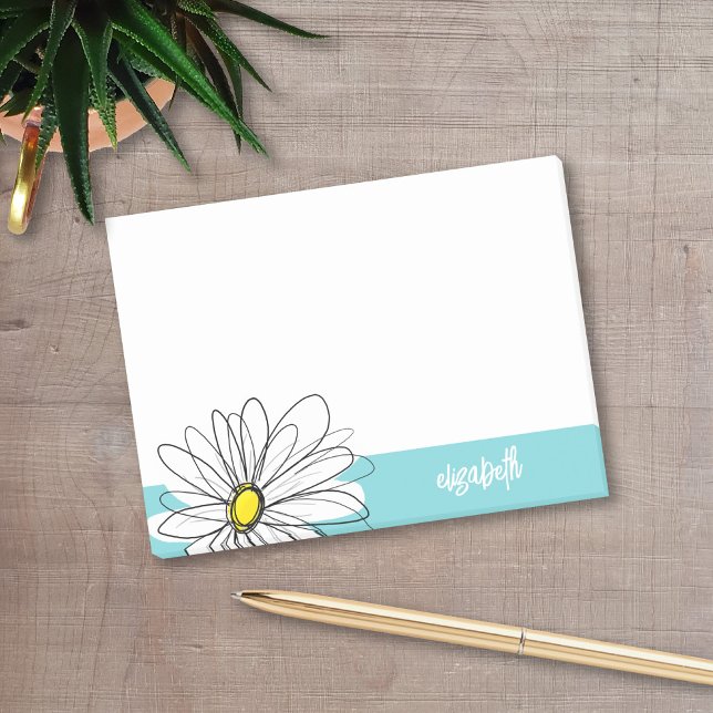 Aqua and Yellow Whimsical Daisy Custom Text Post-it Notes (A whimsical daisy post-it note with an area to add your name)