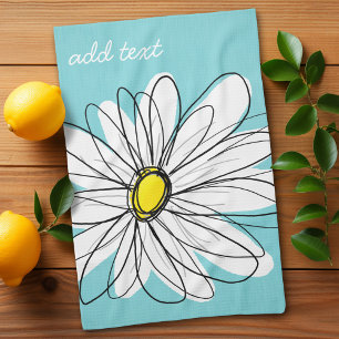 Aqua and Yellow Whimsical Daisy Custom Text Tea Towel