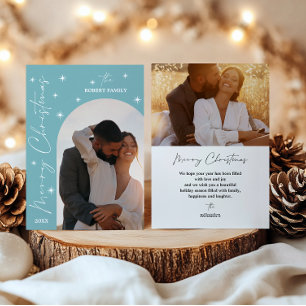 Aqua Arch Modern Script 2 Photo Merry Christmas  Holiday Card