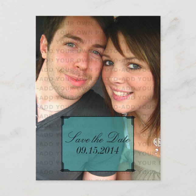 Aqua Art Deco Frame Save the Date Postcard (Front)