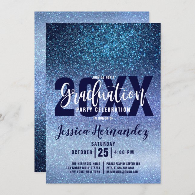 Aqua Baby Blue Triple Glitter Ombre Graduation Invitation (Front/Back)