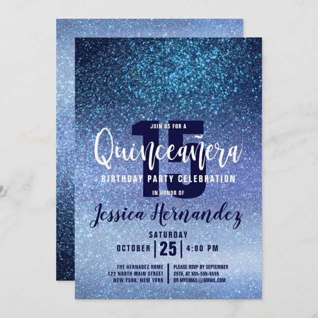 Aqua Baby Blue Triple Glitter Ombre Quinceaña Invitation (Front/Back)