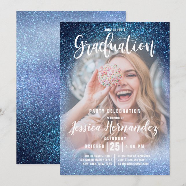 Aqua Baby Blue Triple Glitter Photo Graduation Invitation (Front/Back)