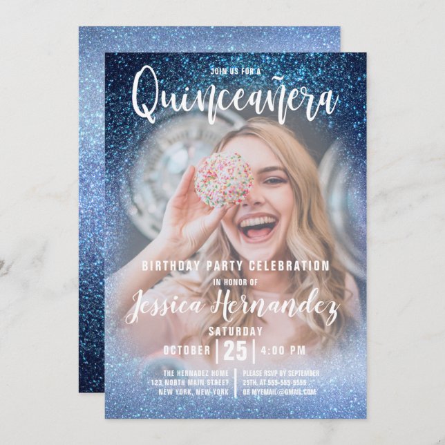 Aqua Baby Blue Triple Glitter Photo Quinceañera Invitation (Front/Back)