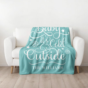Aqua Baby Its Cold Outside Family Name Fleece Blanket