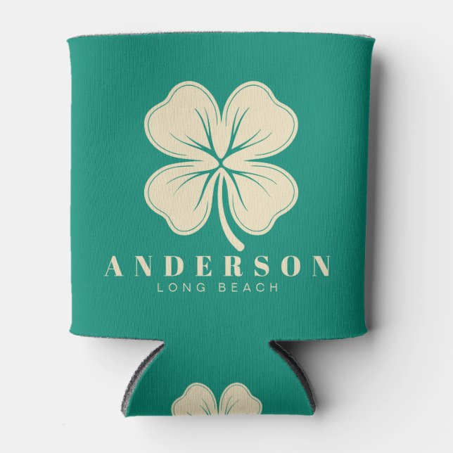 Aqua Beach Breeze Four Leaf Clover with Name Can Cooler (Front)