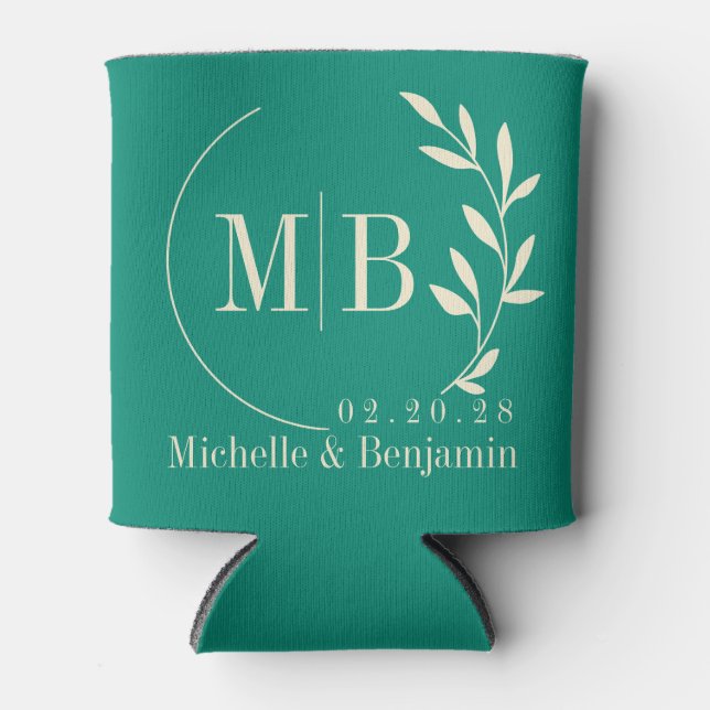 Aqua Beach Breeze Leaf Wedding Monogram Can Cooler (Front)