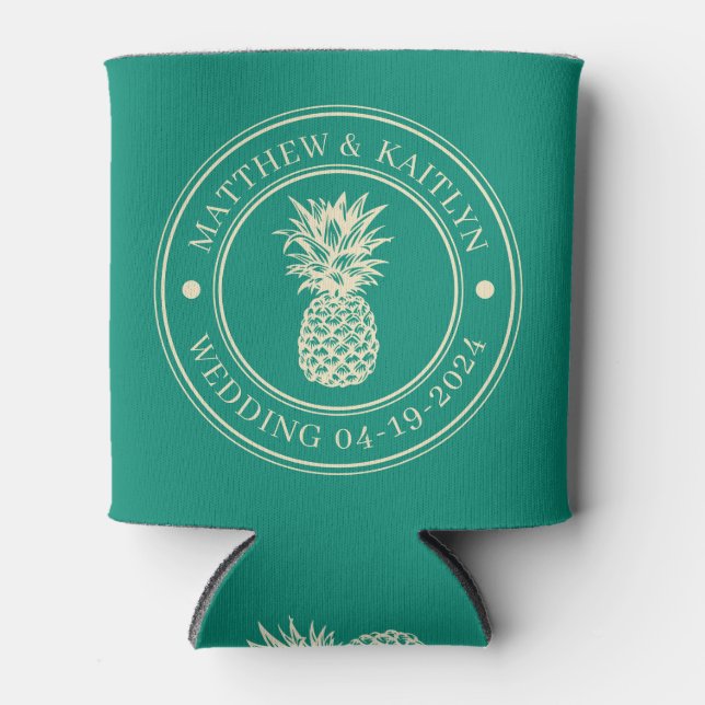 Aqua Beach Breeze Pineapple Wedding Crest & Names Can Cooler (Front)
