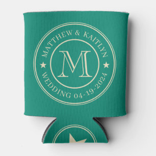 Aqua Beach Breeze Wedding Monogram Star Can Cooler