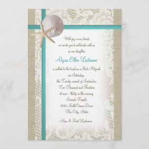 Aqua Beach Burlap and Lace Bat Mitzvah Invitation