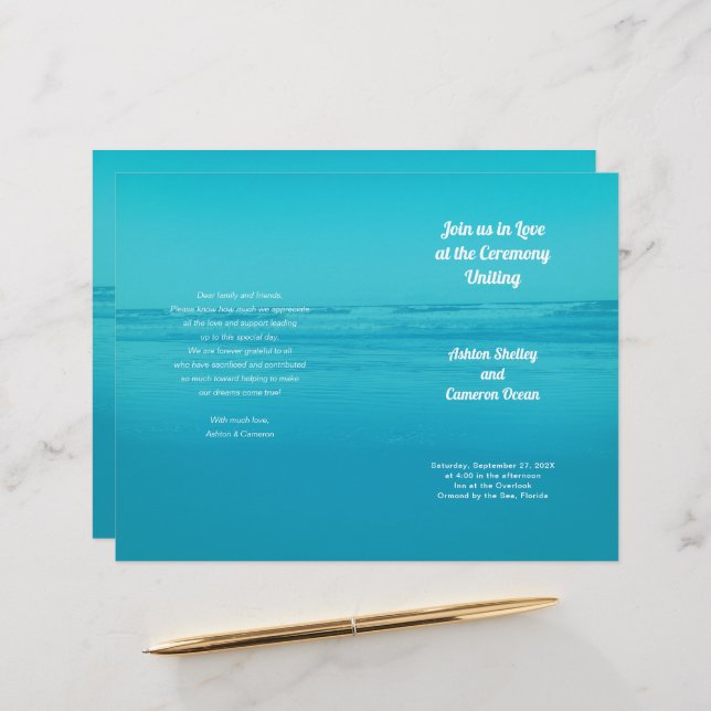 Aqua Beach Ceremony Folded Wedding Program (Front/Back In Situ)