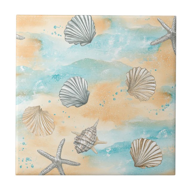 Aqua Beach Vacation Seashell Pattern Ceramic Tile (Front)