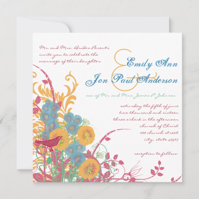 Aqua Beeswax Raspberry Wild Flower Bird Wedding Invitation (Front)