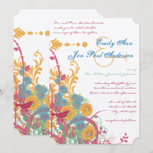 Aqua Beeswax Raspberry Wild Flower Bird Wedding Invitation