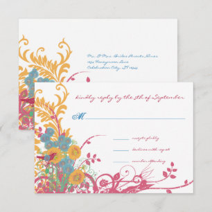Aqua Beeswax Raspberry Wild Flower Bird Wedding Invitation