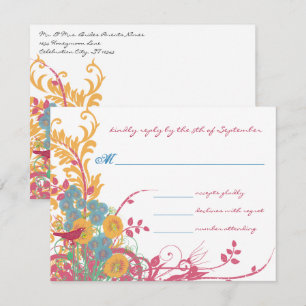 Aqua Beeswax Raspberry Wild Flower Bird Wedding Invitation