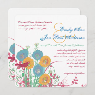 Aqua Beeswax Raspberry Wild Flower Bird Wedding Invitation