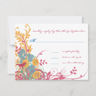 Aqua Beeswax Raspberry Wild Flower Bird Wedding RSVP Card