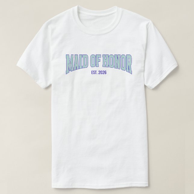 Aqua + Beige Stripe Navy MAID OF HONOR  T-Shirt (Design Front)