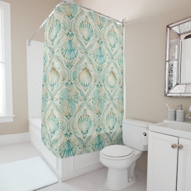 AQUA & BEIGE SUMMER SEASHELLS & PLANTS SHOWER CURTAIN (In Situ)